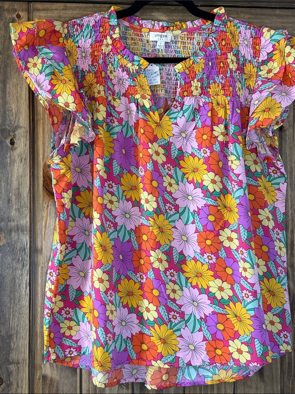 Umgee Pink Yellow Orange Floral Smocked Flutter Top